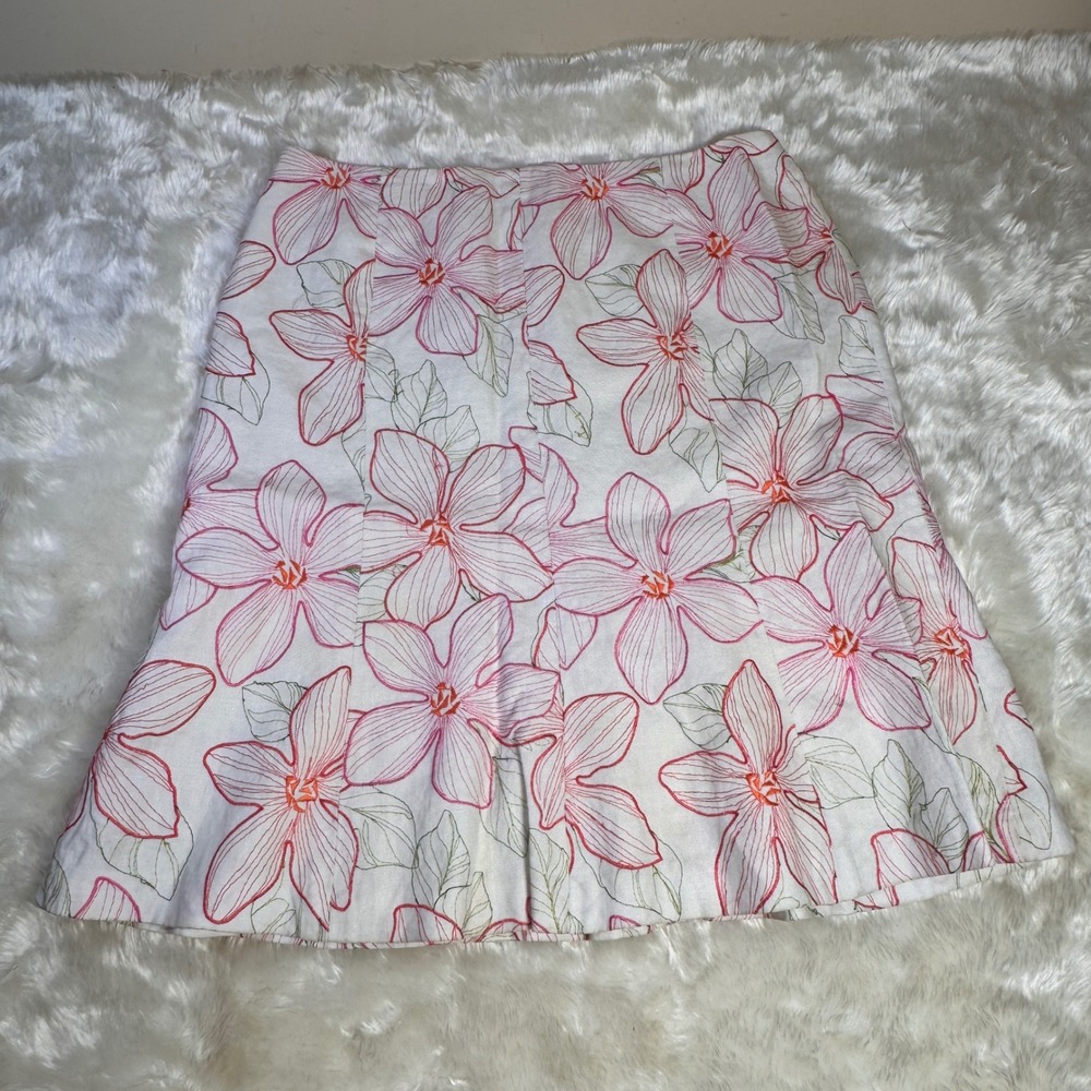 Muse Womens Size 10 White Pink Floral Embroidered A-Line Knee Length Skirt